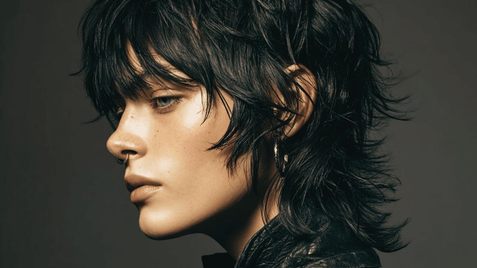 A woman with long black shaggy mullet hair wearing a black leather jacket, posing confidently.