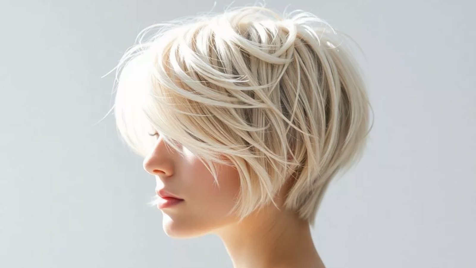A woman with a messy, tousled shaggy pixie hairstyle and a short blonde bob haircut.