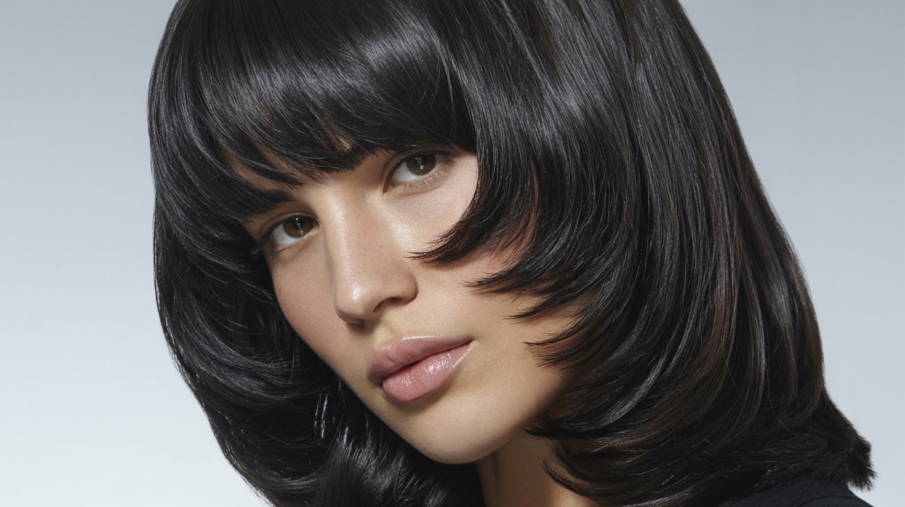 A woman with a sleek, jet black bob haircut featuring long layers and curtain bangs.
