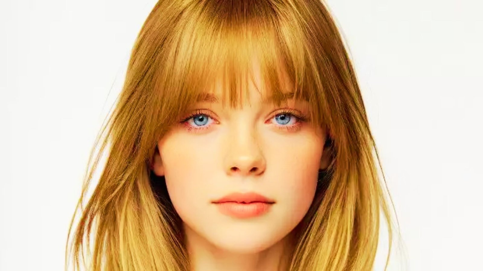 A woman with long blonde hair and blue eyes, showcasing a hairstyle of Bardot bangs.