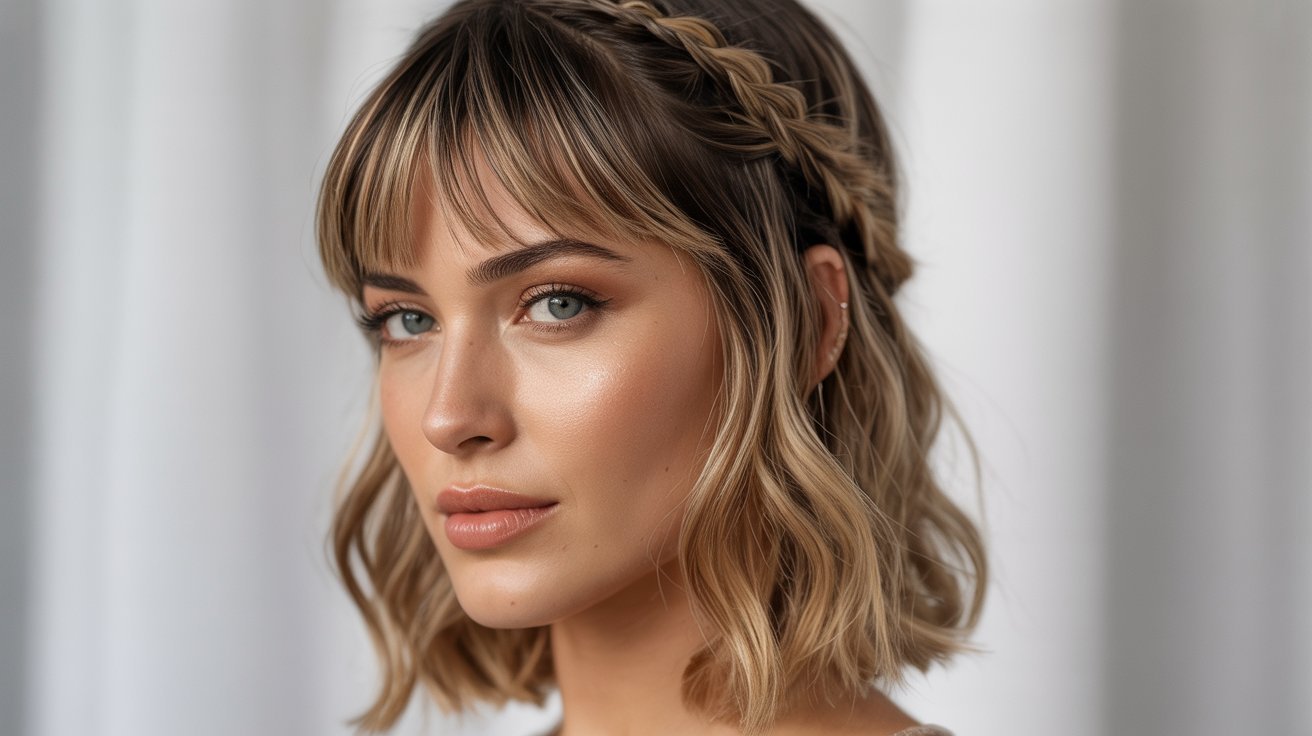 A woman with braided bangs in her hair, showcasing a stylish hairstyle option for various face shapes.