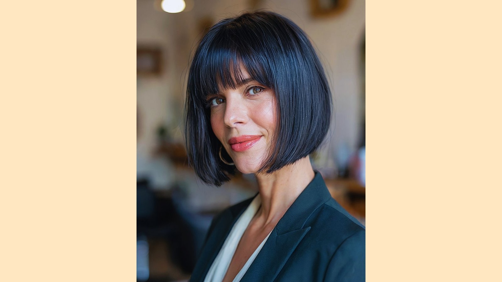 Sleek black French bob with full blunt bangs and glossy smooth finish