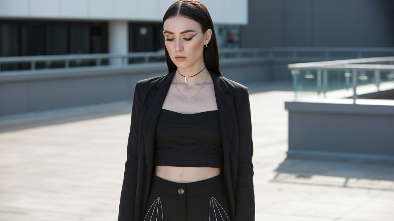 A woman in minimalist black clothing stands confidently on a rooftop, embodying nu goth style with pointed boots and accessories.
