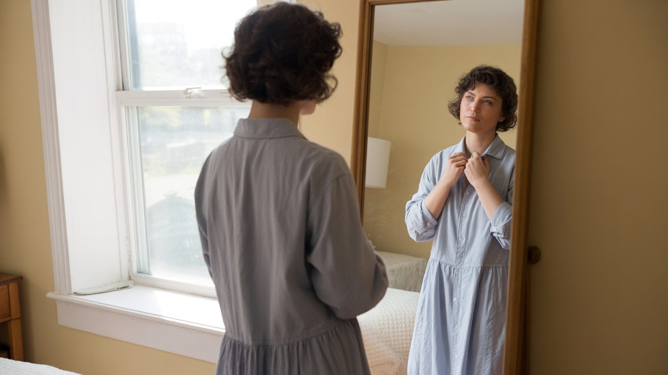 Person thoughtfully choosing a modest outfit before going to church