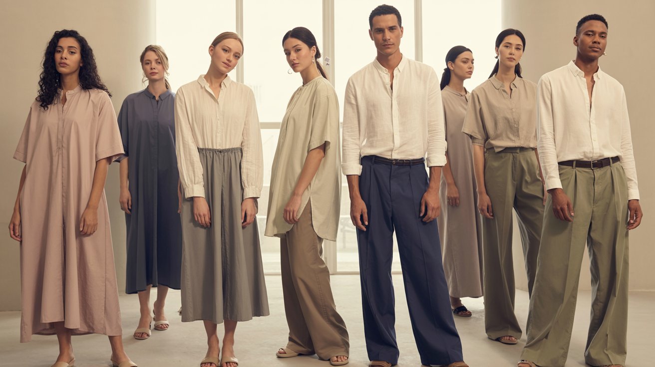 A diverse group of men and women pose in minimalist, neutral-toned clothing. They stand in a softly lit room, exuding a calm and sophisticated vibe.