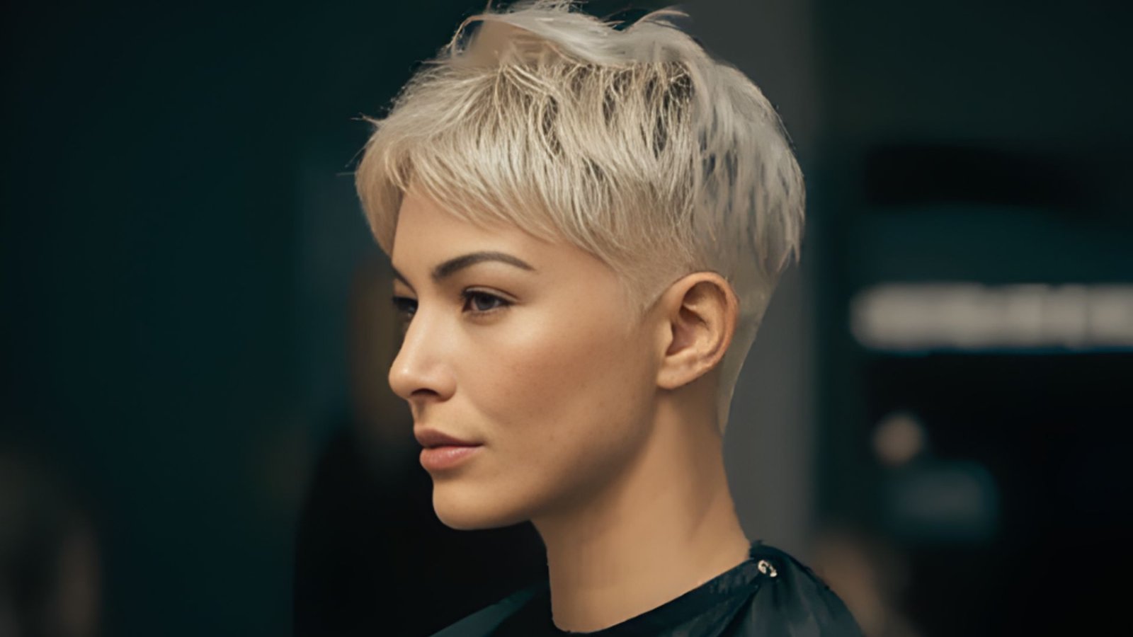 Short blonde pixie cut featuring a bleached top and a disconnected undercut fade