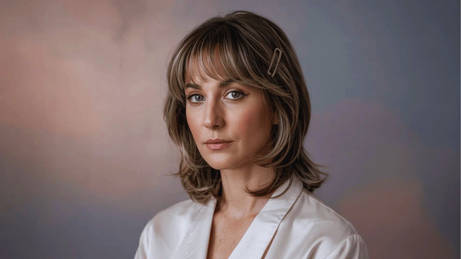 Layered shoulder length haircut with side-swept bangs and blonde highlights styled with hair clip