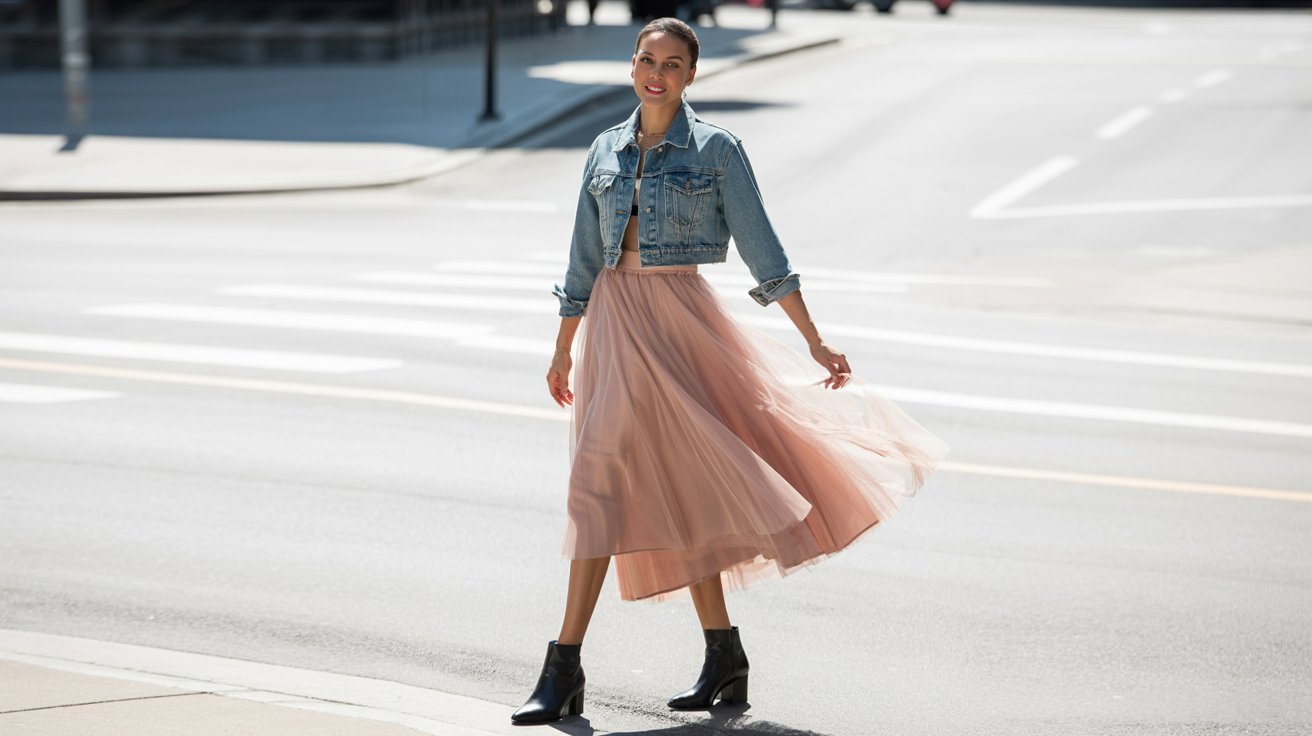 A woman in a denim jacket and flowing pink skirt stands confidently on an empty city street. Her skirt sways gently, creating a sense of movement.