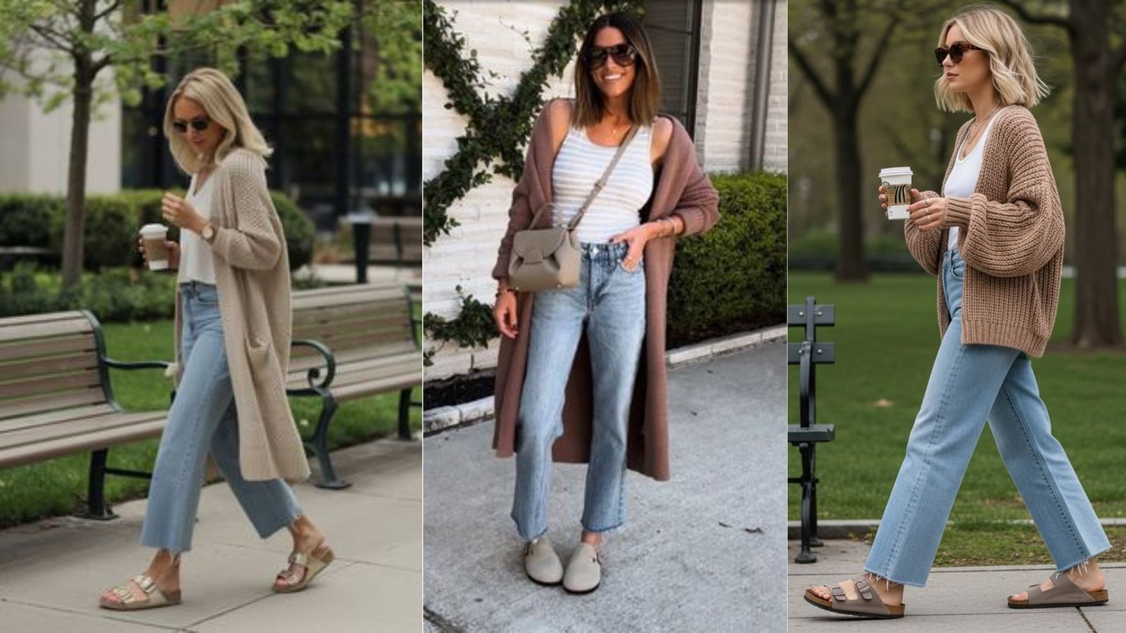 Three cozy cardigan mom outfits with jeans: beige duster, mauve duster, and chunky knit. Styled with tanks, tees, sandals, clogs, and Birkenstocks for effortless style.
