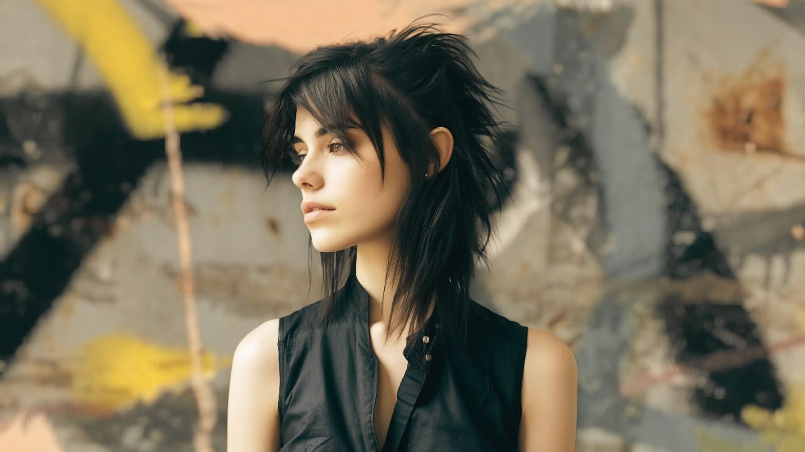 A woman with a coily mullet hairstyle wearing a black shirt, looking confidently at the camera.