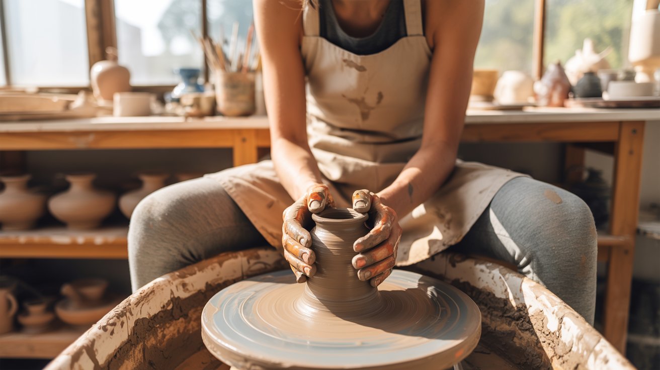 A potter shapes clay on a spinning wheel, with hands covered in mud. Sunlight filters through a window, casting a warm glow in the cozy workshop.