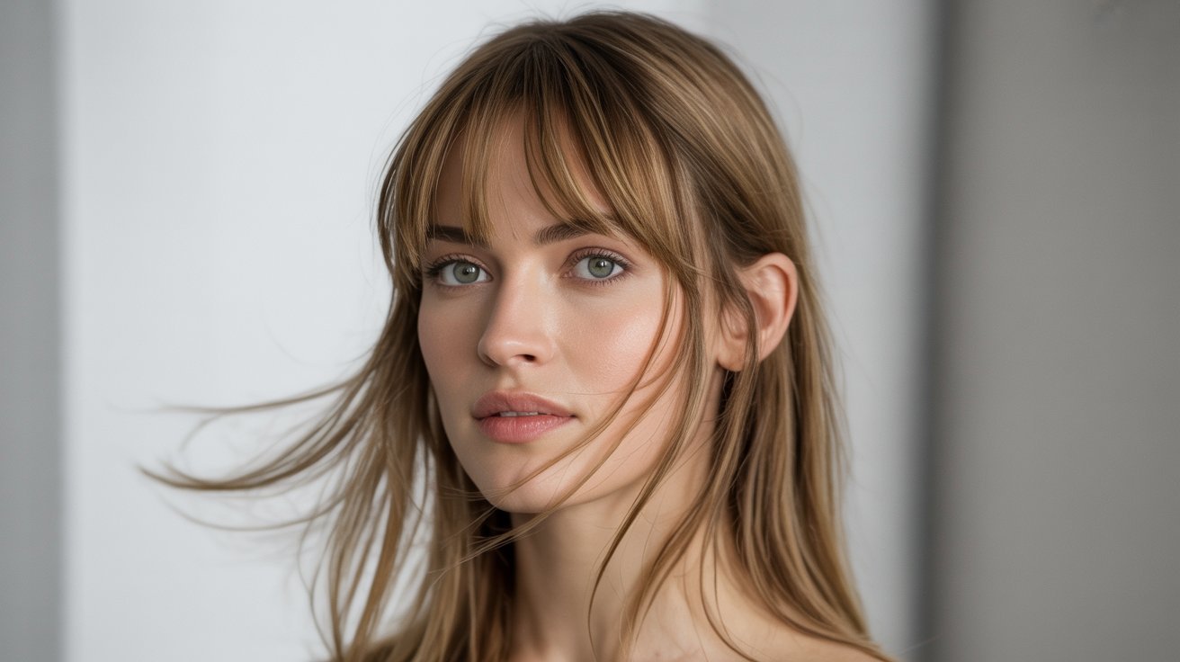  A woman with long hair and blue eyes showcasing airy bangs
