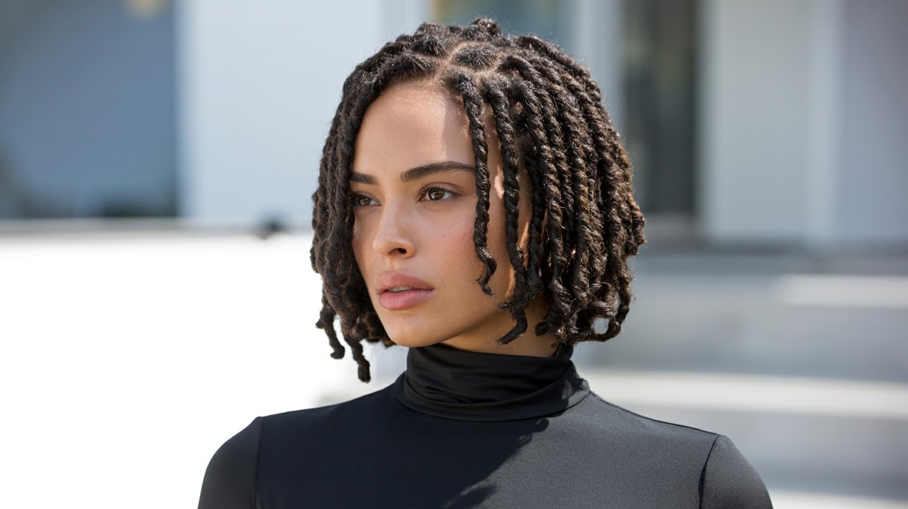 A woman with dreadlocks wearing a black top, showcasing a stylish short bob faux locs hairstyle.