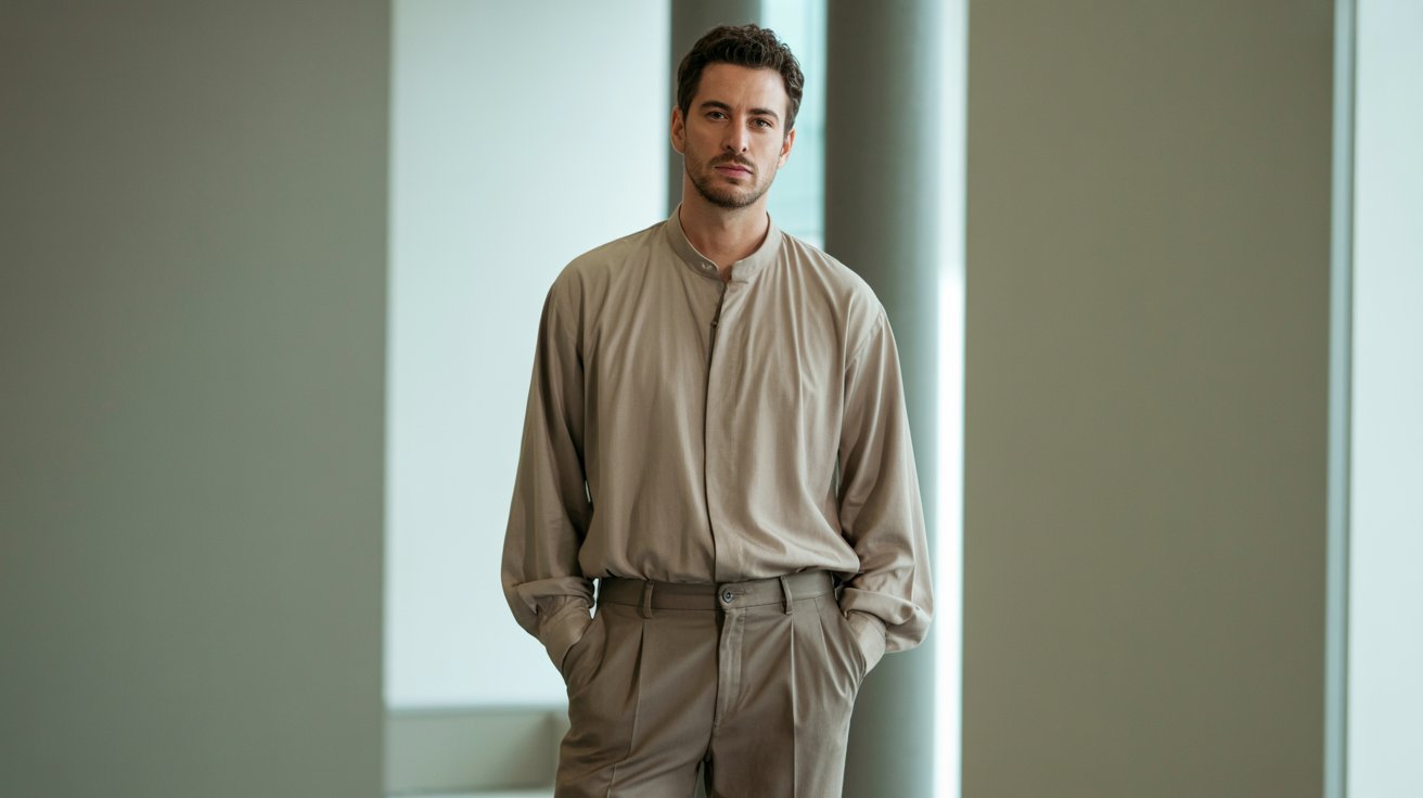 A man in a muted beige outfit stands with hands in pockets against a minimalist background of soft light and vertical lines, exuding calm confidence.