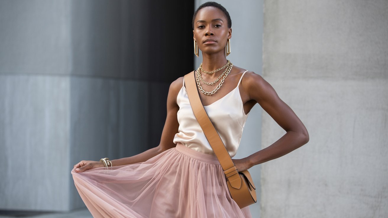 A fashionable person poses confidently outdoors, wearing a silky white camisole, a flowing pink skirt, layered necklaces, and a tan crossbody bag. The mood is elegant and poised.