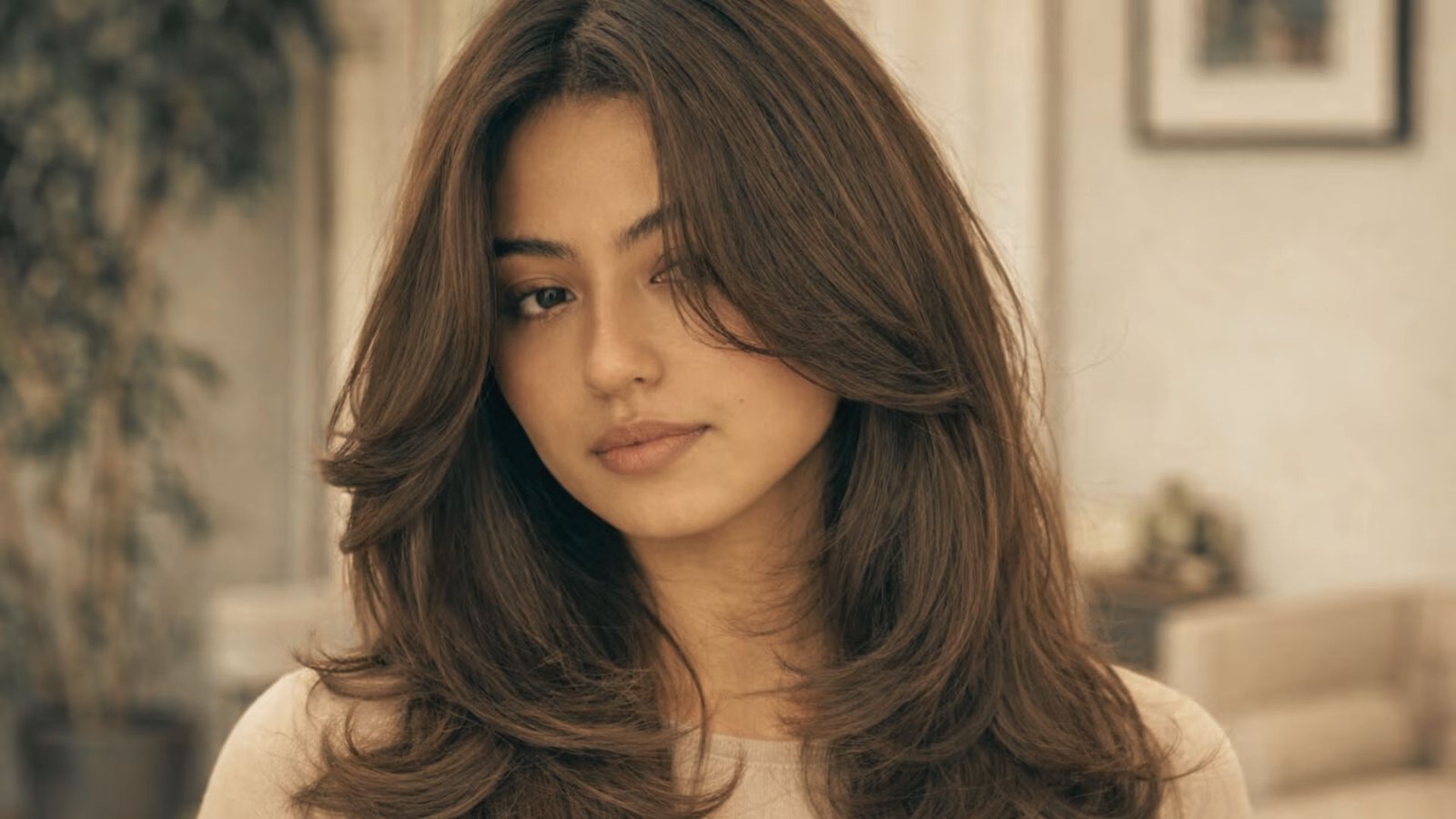 A woman with long brown hair gazes at the camera, showcasing her hairstyle and confident expression.
