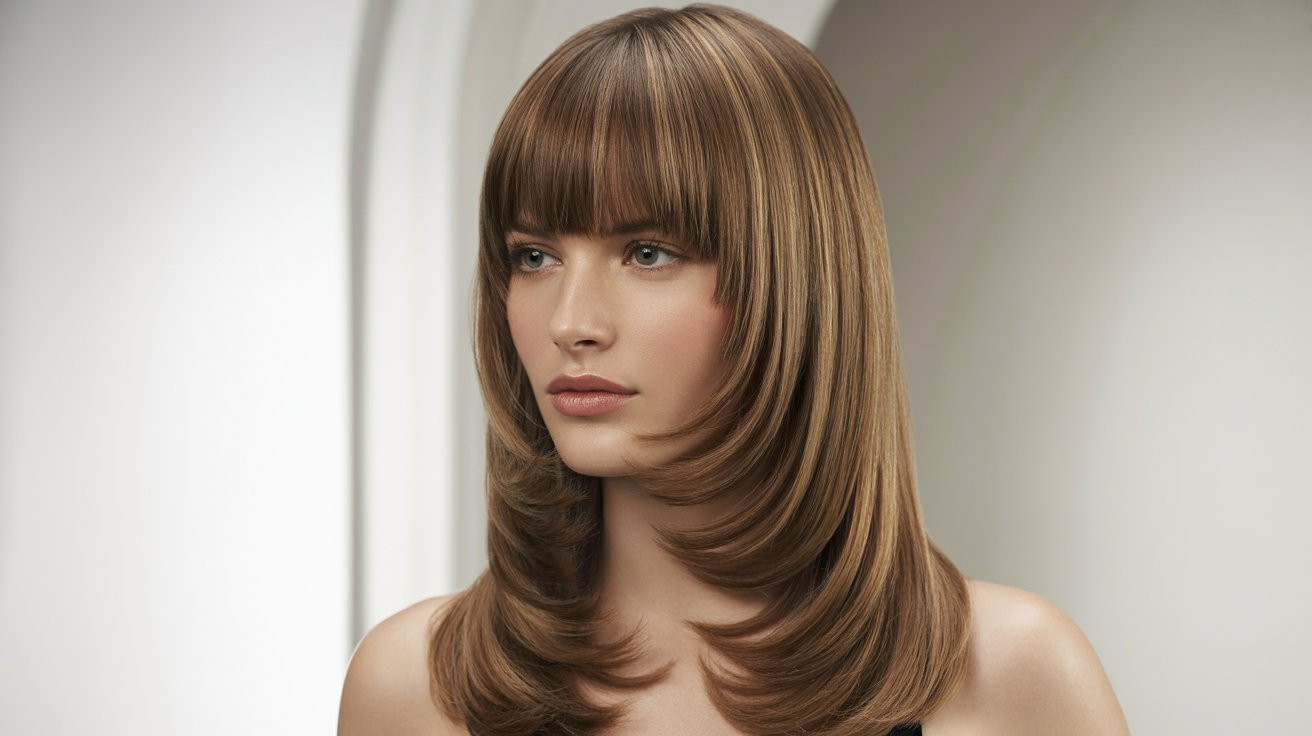 A woman with long brown hair styled with flicked-in ends and curtain bangs.
