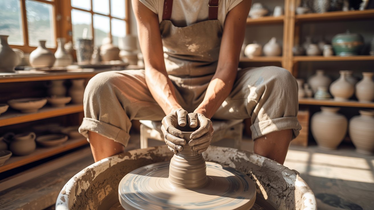 A person in overalls shapes clay on a pottery wheel in a sunlit studio. Shelves of finished pottery line the background, conveying creativity and calm.