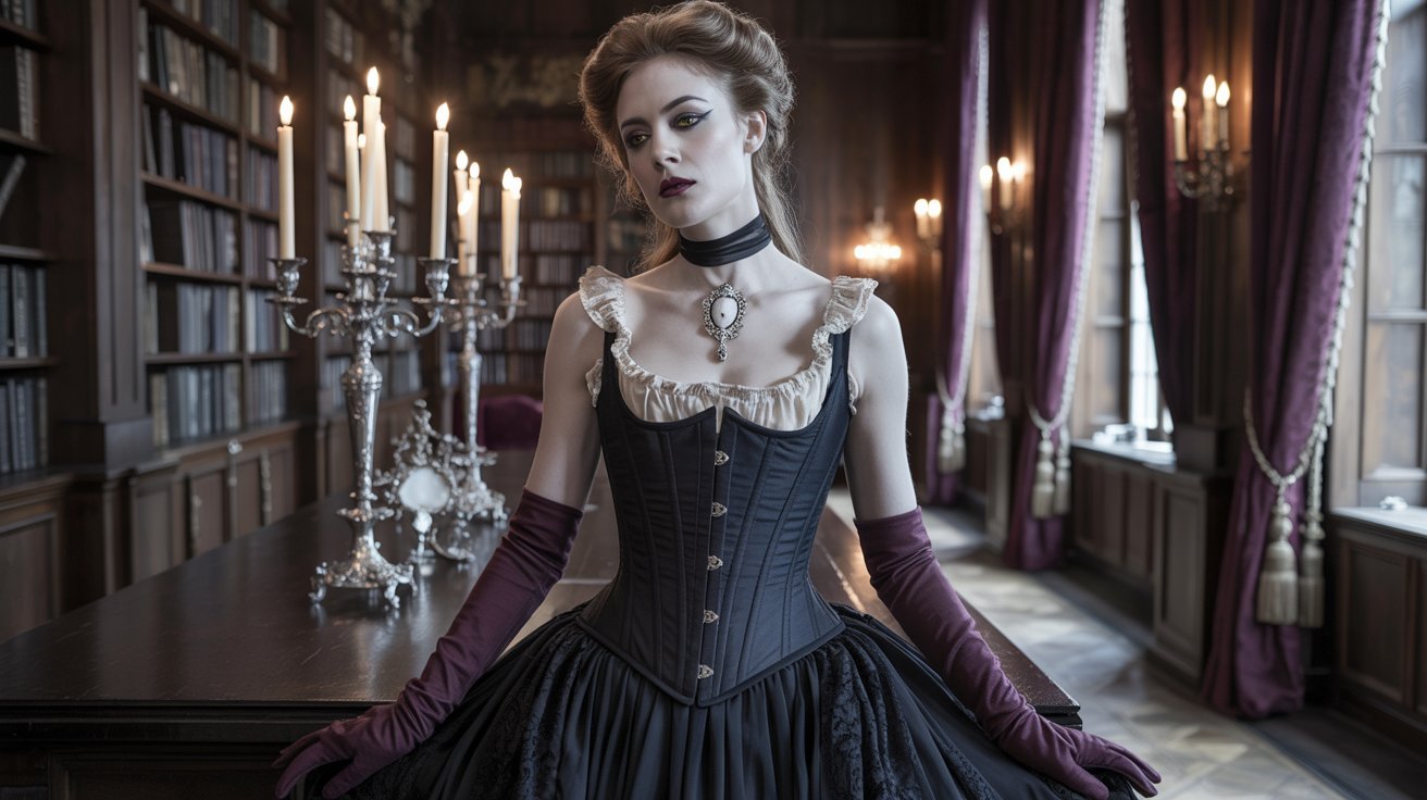 A woman in a black corset sits in a library, embodying Victorian goth style with dramatic, dark elegance.
