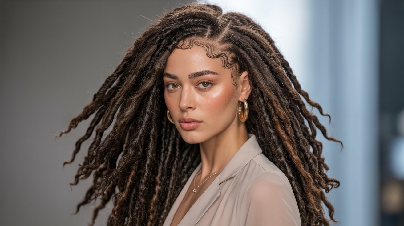 A woman with dreadlocks styled in faux locs, wearing gold hoop earrings, showcasing a middle part hairstyle.