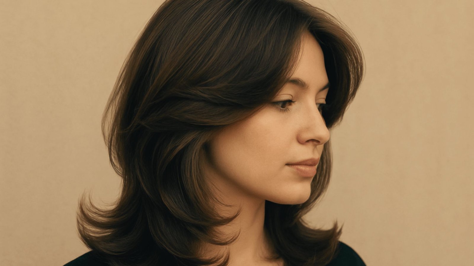 A woman with wavy hair styled in a classic layered butterfly cut.
