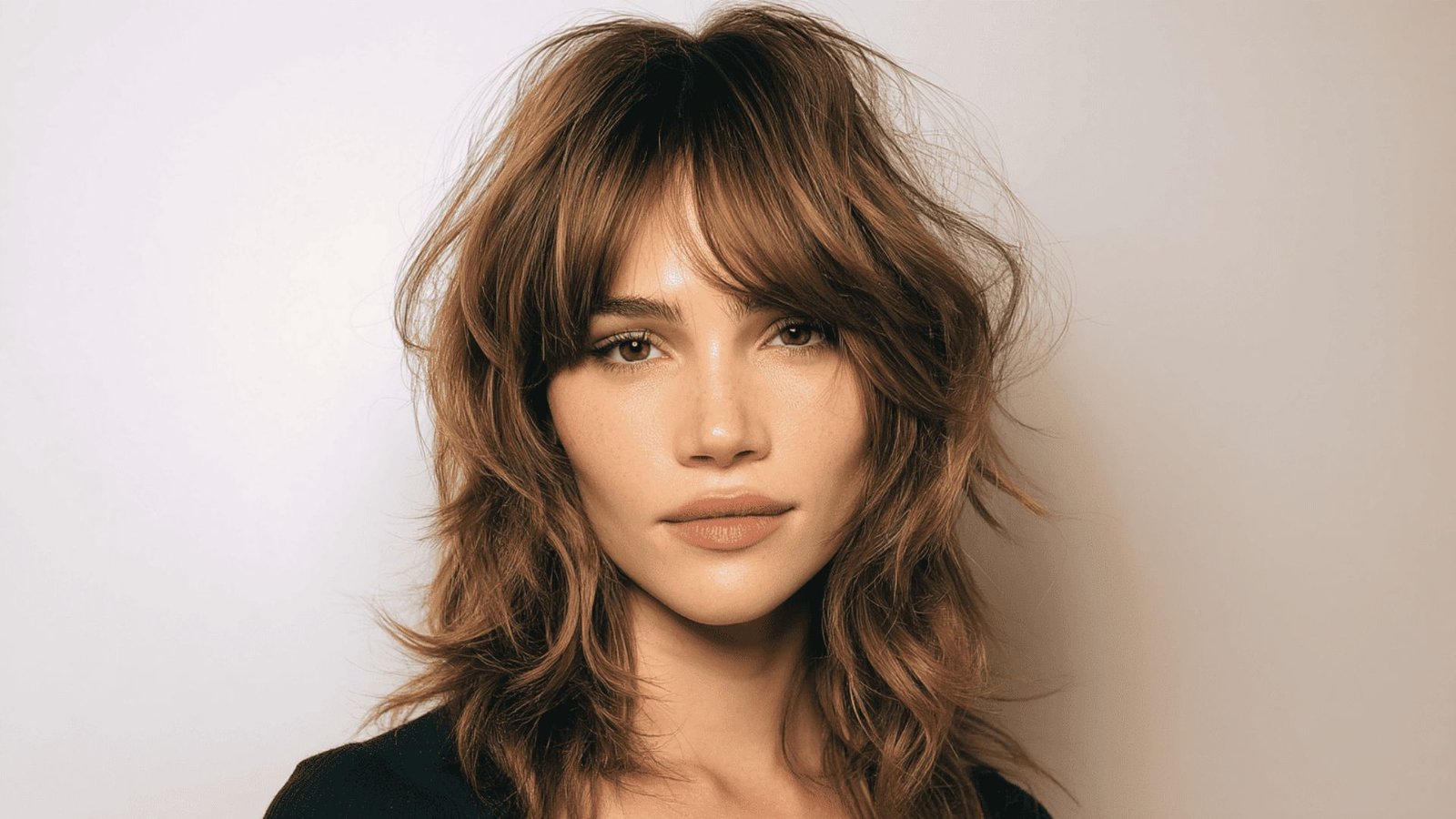 A woman with long, messy textured mullet hair and bangs, showcasing a perfect and stylish hairstyle.