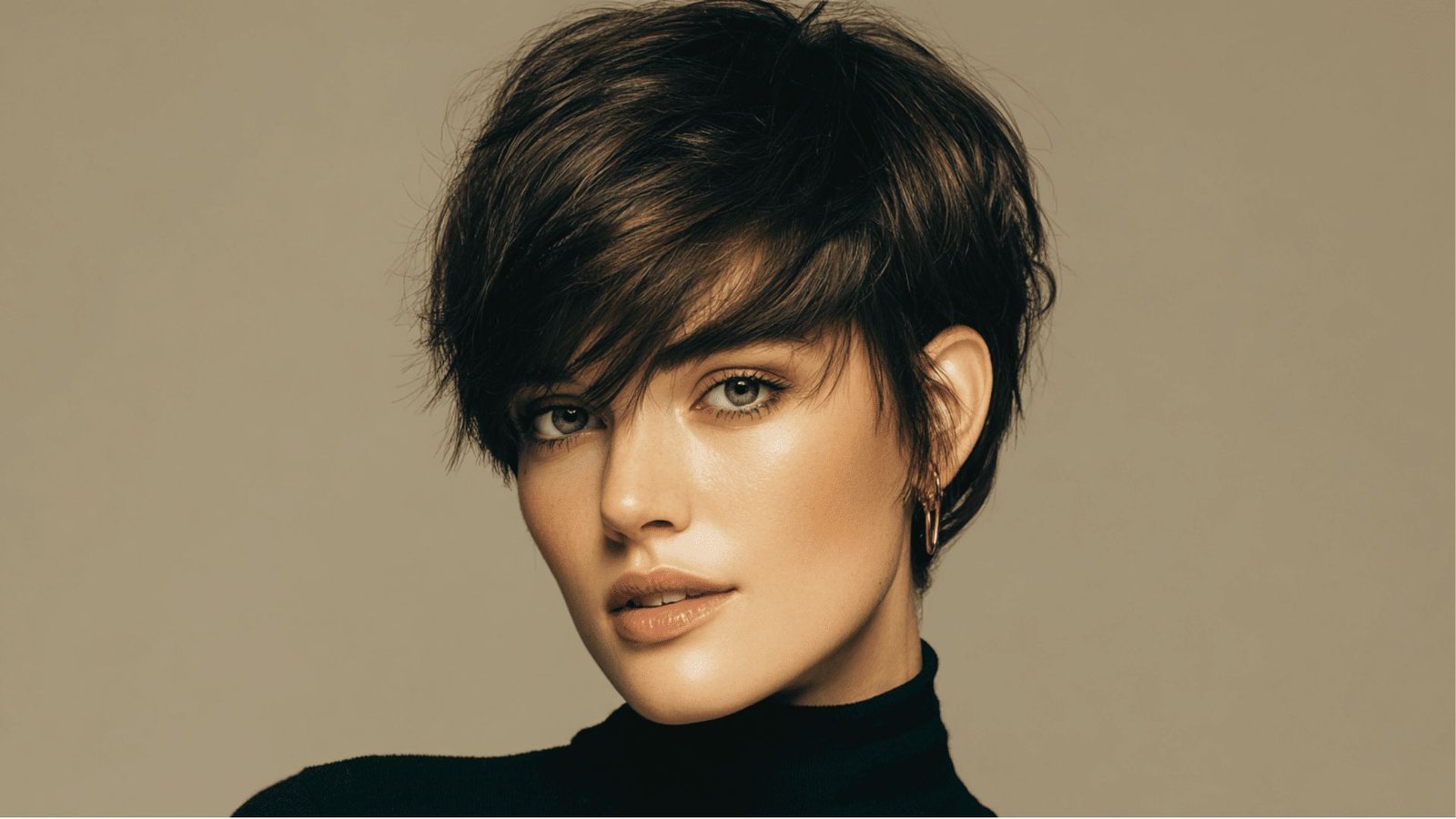 A woman with a shaggy pixie haircut and tapered sides, wearing a black turtleneck.
