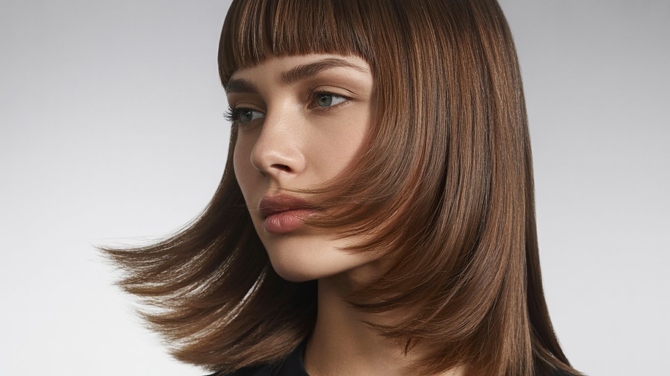 A woman with long, straight brown hair styled in long layers with bottleneck curtain bangs.
