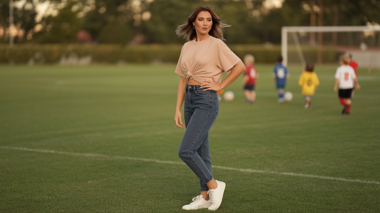 A woman stands on a soccer field, wearing high-waisted jeans and a crop tee, ready for a casual game.