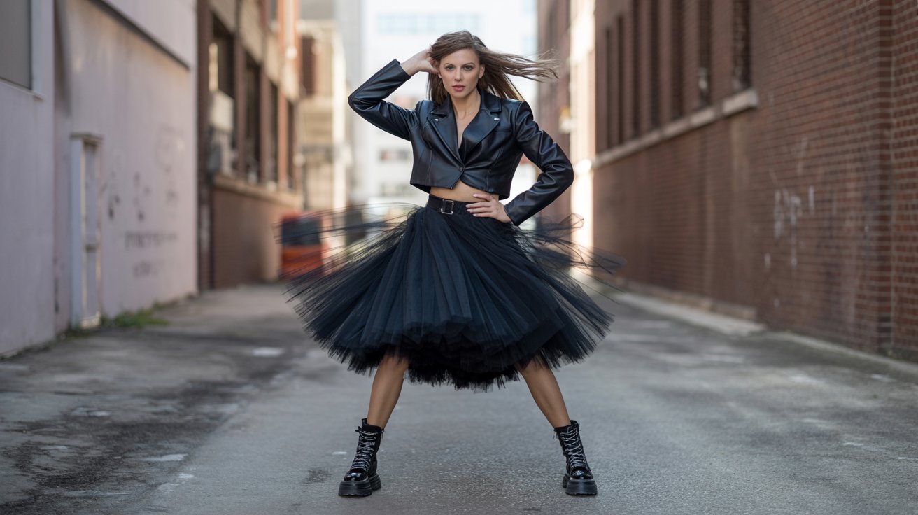 A woman in a black leather jacket and flowing black tulle skirt poses confidently in an urban alley. She conveys a strong, edgy vibe.