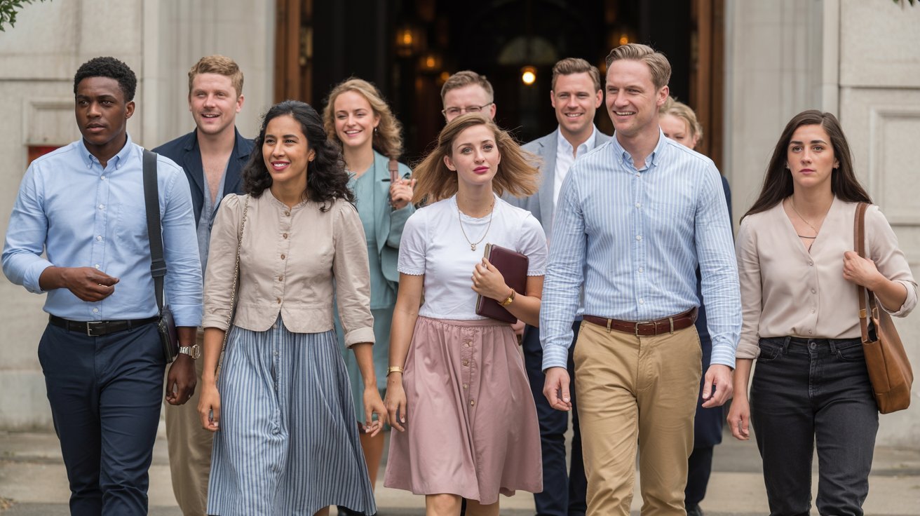 Diverse group wearing modest stylish outfits walking into church on Sunday morning