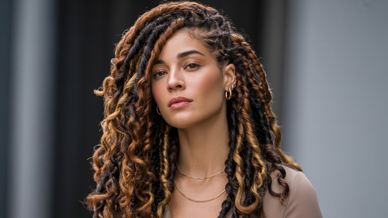 A beautiful young woman with highlighted faux locs, showcasing a stylish and vibrant hairstyle.
