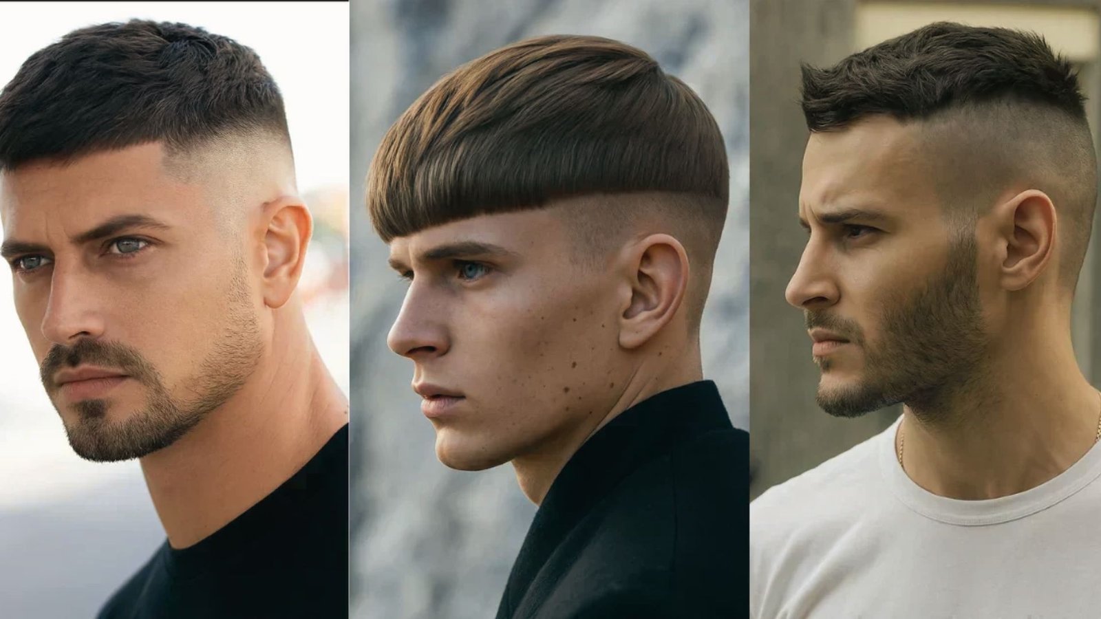 Three images of men showcasing trending disconnected undercut fade haircuts with varying styles and lengths.