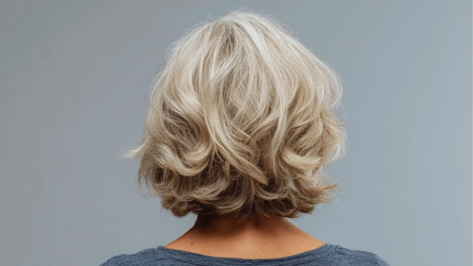 Back view of wavy shoulder length haircut with tousled layers and volume on light blonde hair