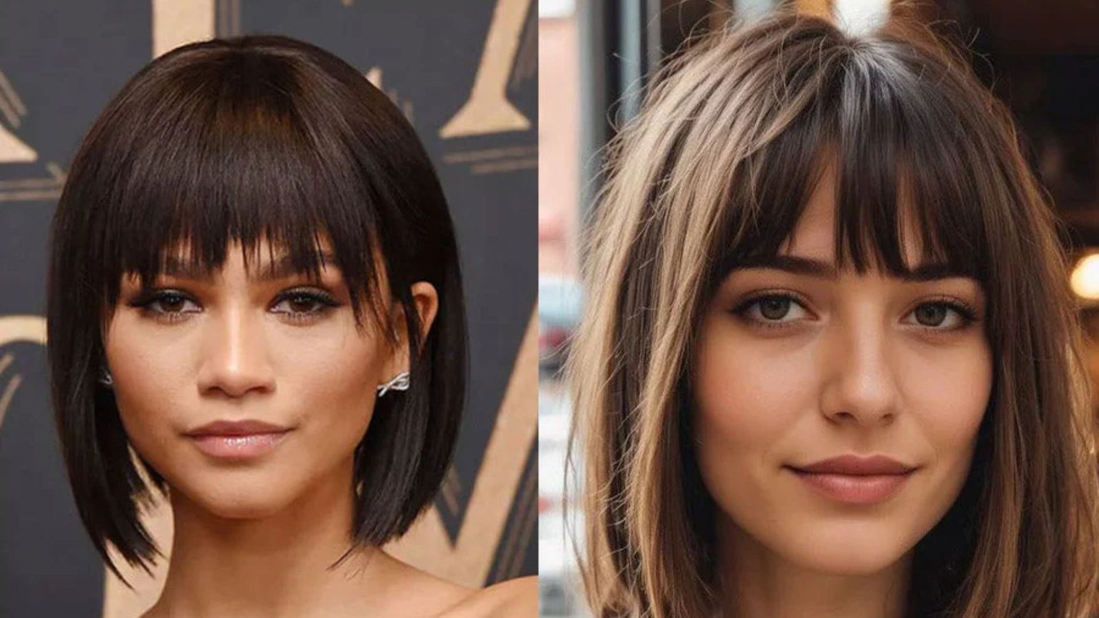Split image of two women with short bobs and eyebrow-skimming bangs.
Left has choppy dark bangs with face-framing pieces, right has softer, piecey bangs on highlighted hair.