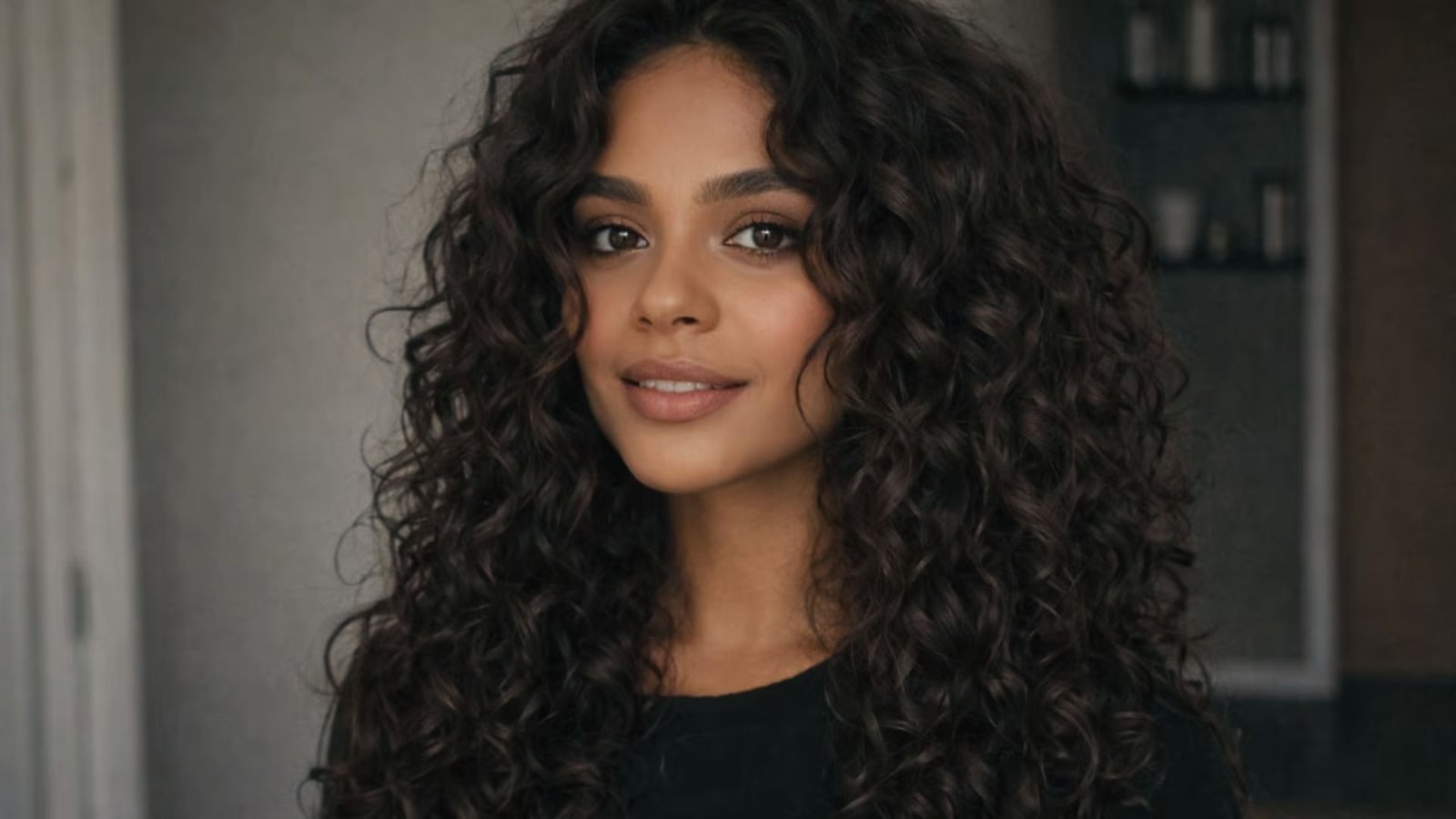 A woman with long, curly hair styled in a butterfly cut, showcasing voluminous and textured curls.
