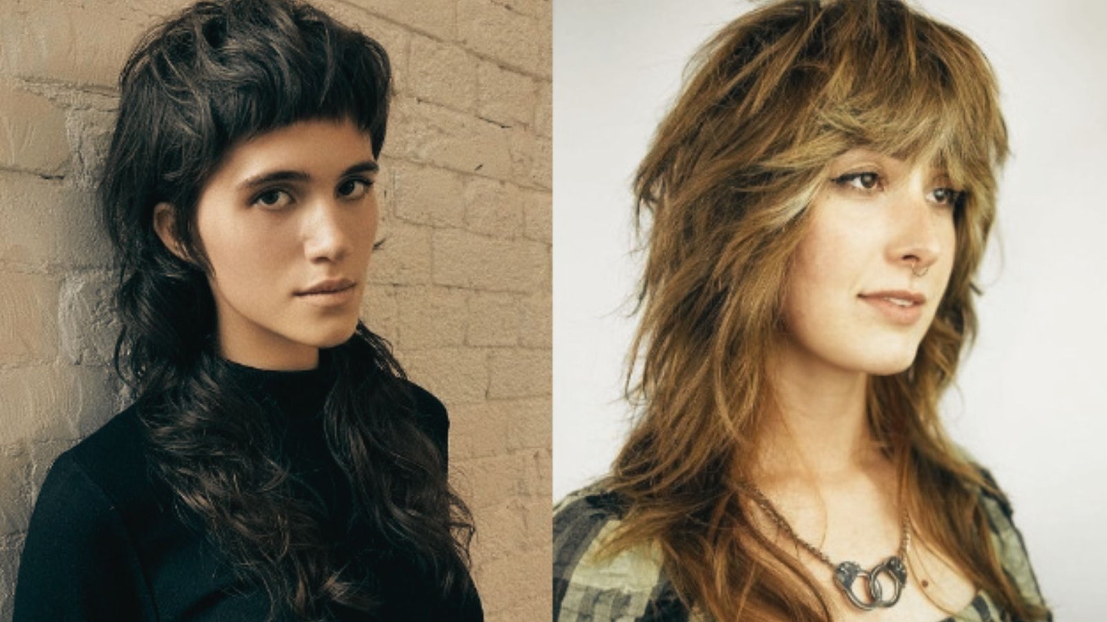 Two women with long hair, one featuring a wavy mullet haircut and a long fringe, pose together in a casual setting.