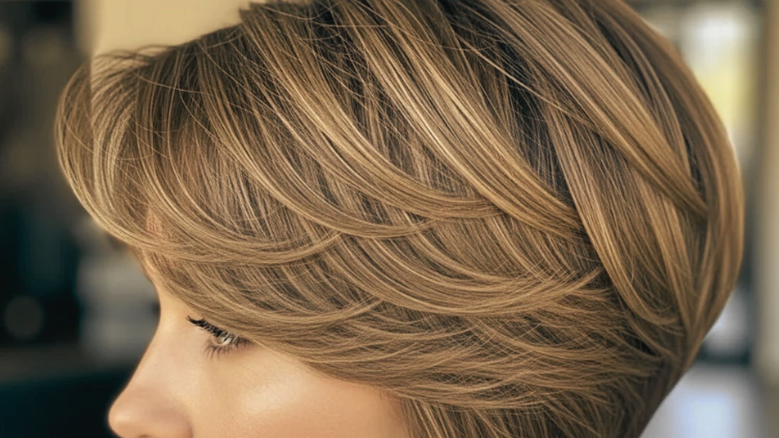 A woman with a voluminous crown pixie hairstyle featuring a short blonde haircut.