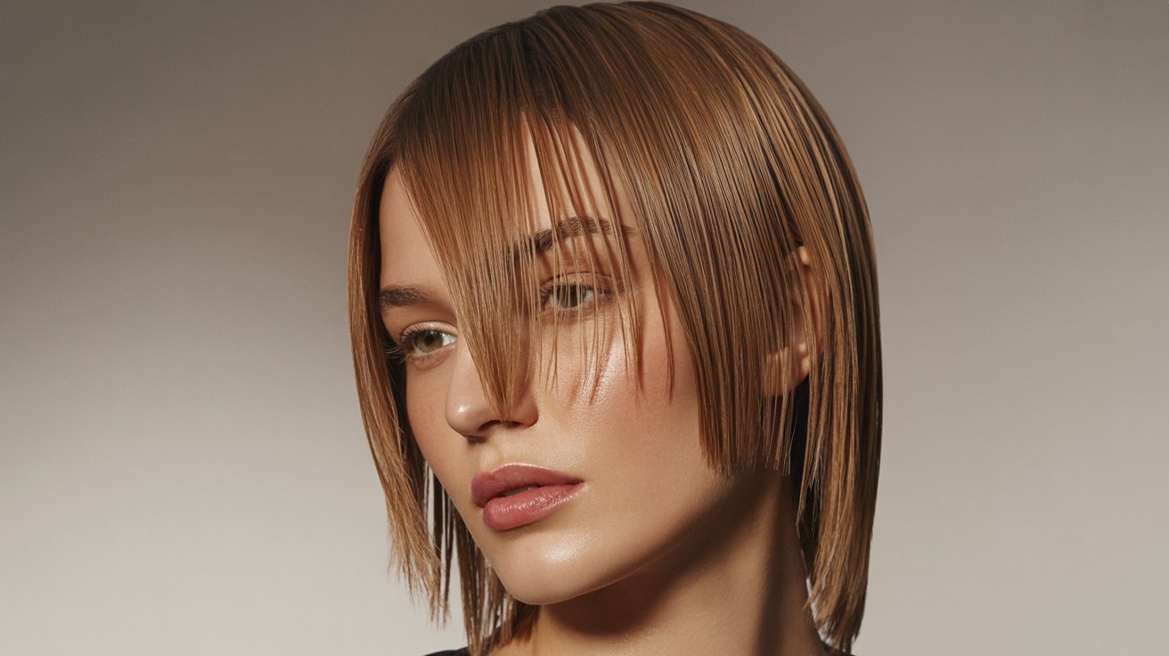 A woman with a sharp V-cut bob hairstyle featuring curtain bangs.
