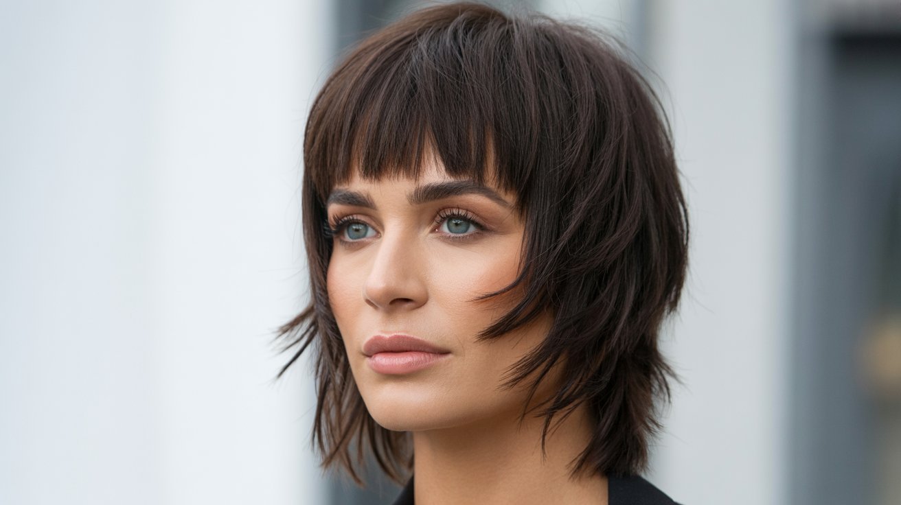 A woman with short brown hair and blue eyes, showcasing choppy bangs, featured in a hairstyle guide.
