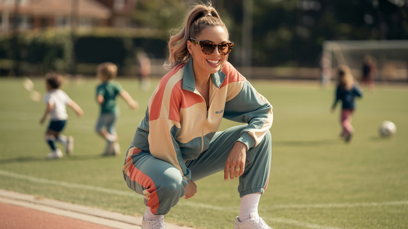 A woman in a colorful retro tracksuit and oversized sunglasses crouches playfully, embodying a fun soccer mom spirit.