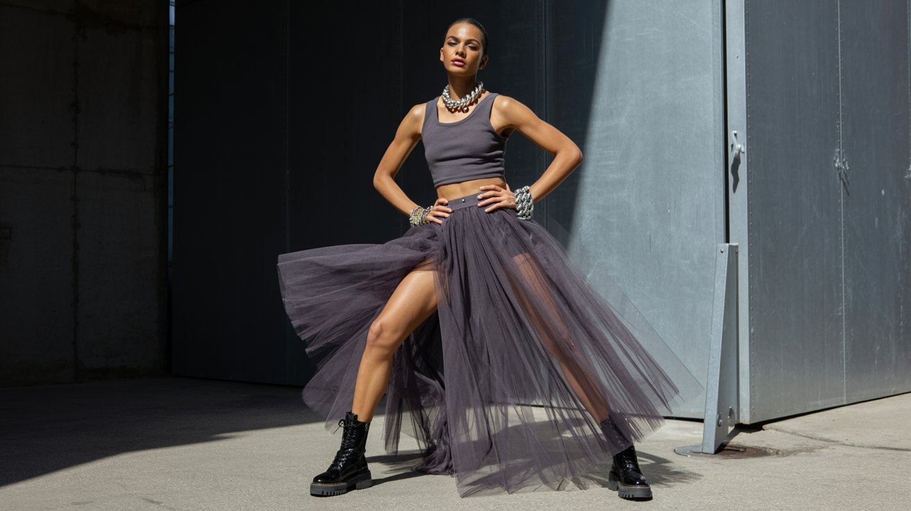 A woman in a gray crop top and flowing tulle skirt poses confidently in a sunlit industrial setting, wearing black boots and bold jewelry.