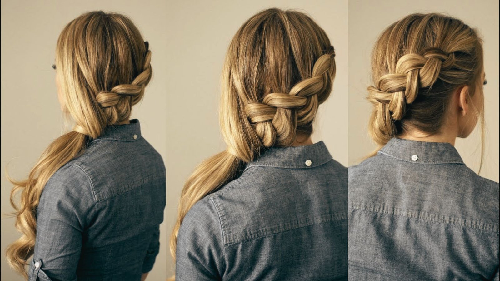 Three images of a woman with long hair styled in a braided side ponytail with bangs.