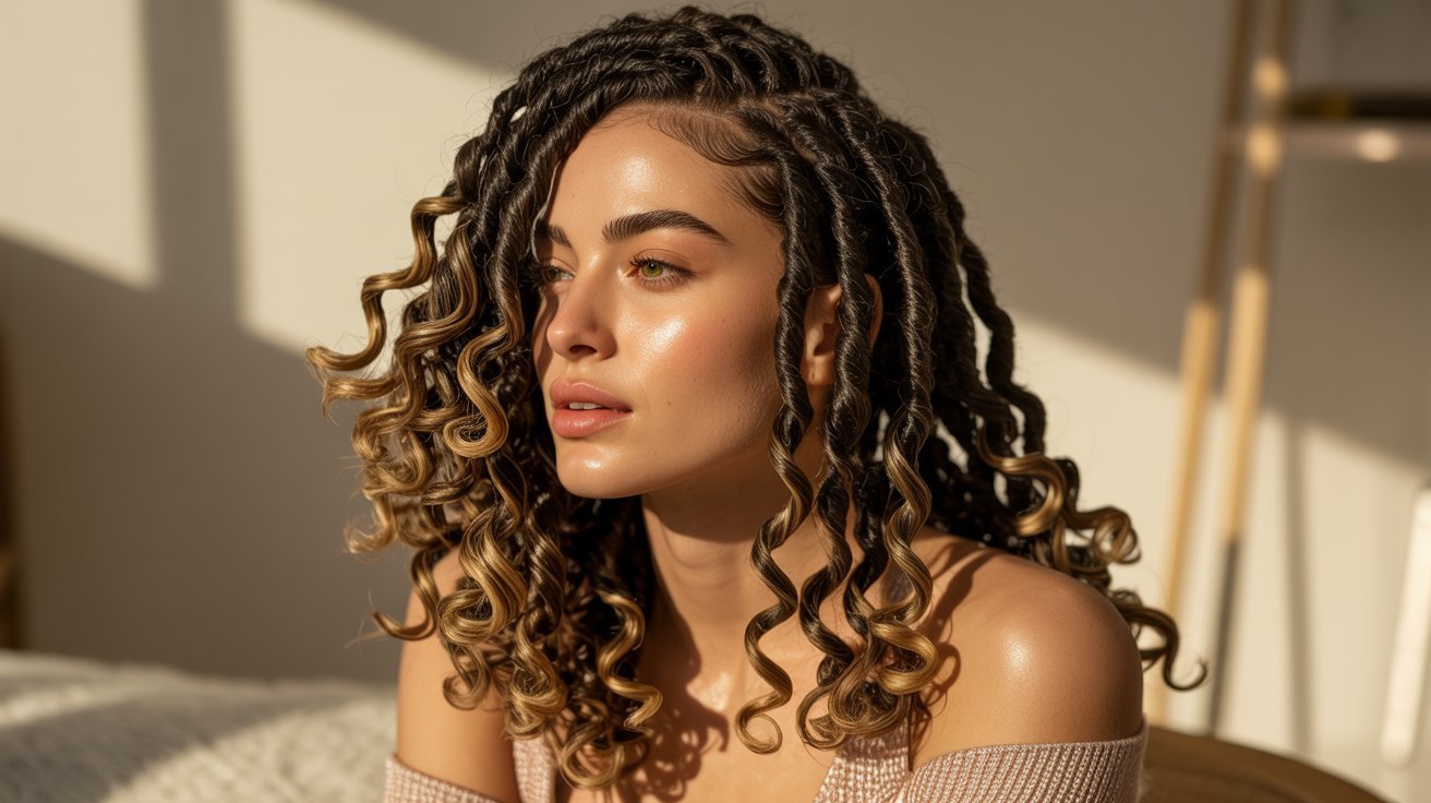A woman with long curly faux locs sits on a bed, showcasing her stylish hair with curled ends.
