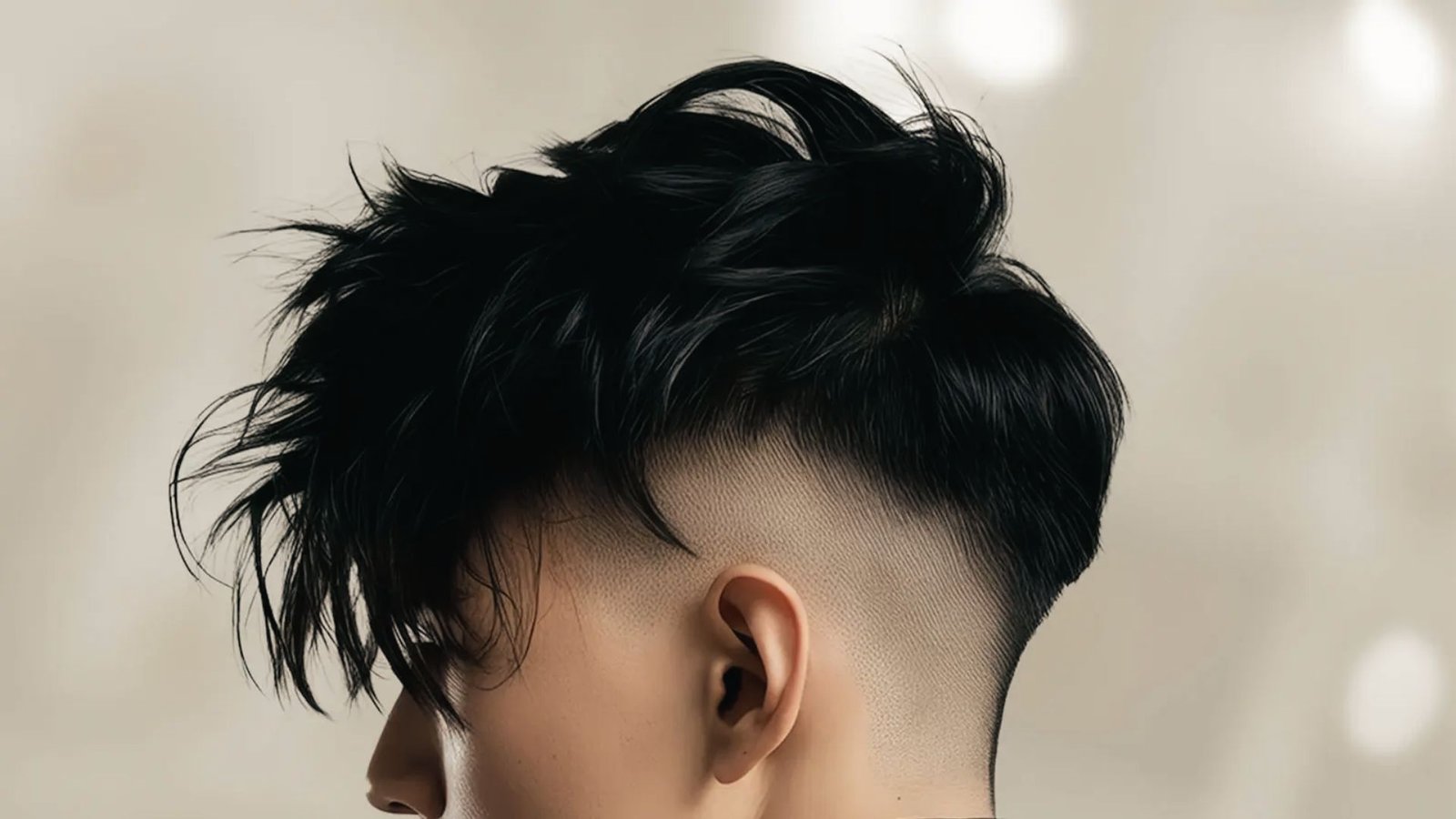 A man with a shaved head features a striking black mohawk, showcasing a textured crop disconnected undercut fade.
