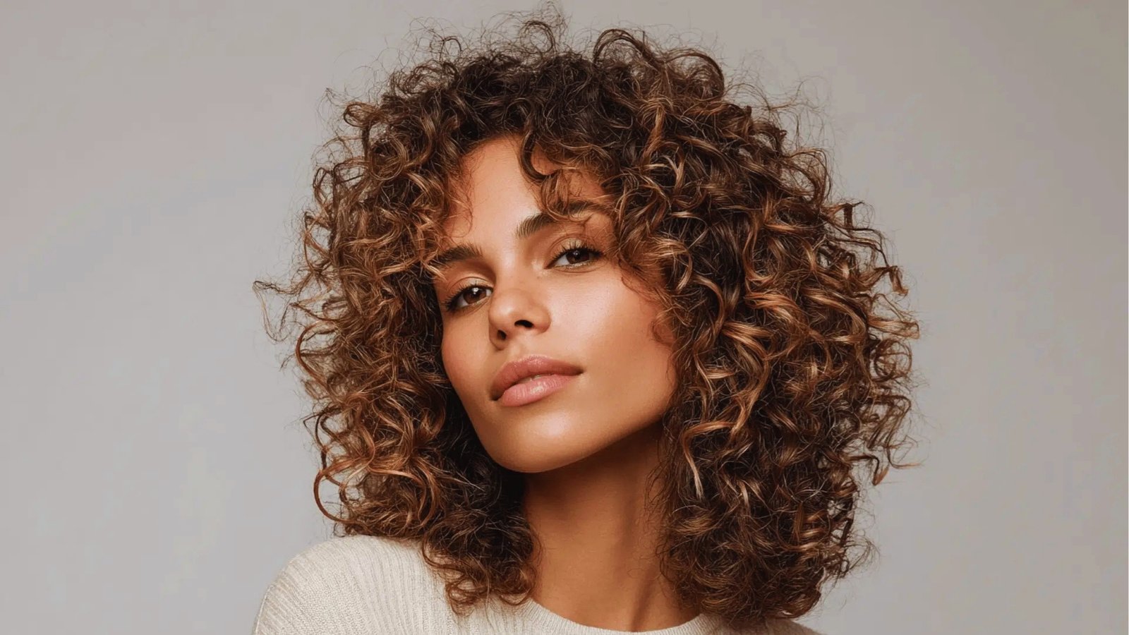 Voluminous curly shoulder length haircut with defined ringlets and caramel highlights on brunette hair
