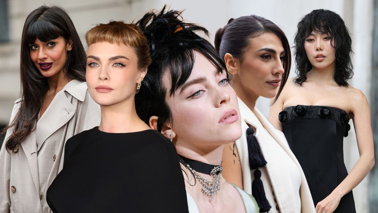 Collage of five women showcasing different bang styles for various face shapes. Includes full blunt bangs, baby bangs, wispy bangs, and curly fringe looks.