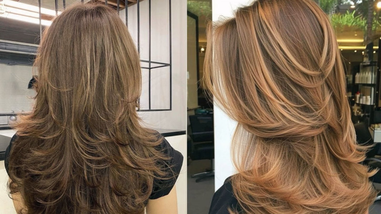 Two images of a woman with long hair showcasing different styles of the butterfly cut hairstyle.