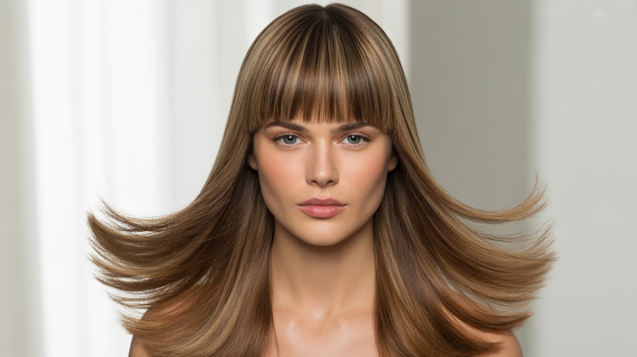 A woman with long, sleek hair styled in layers and curtain bangs, showcasing a polished blowout look.