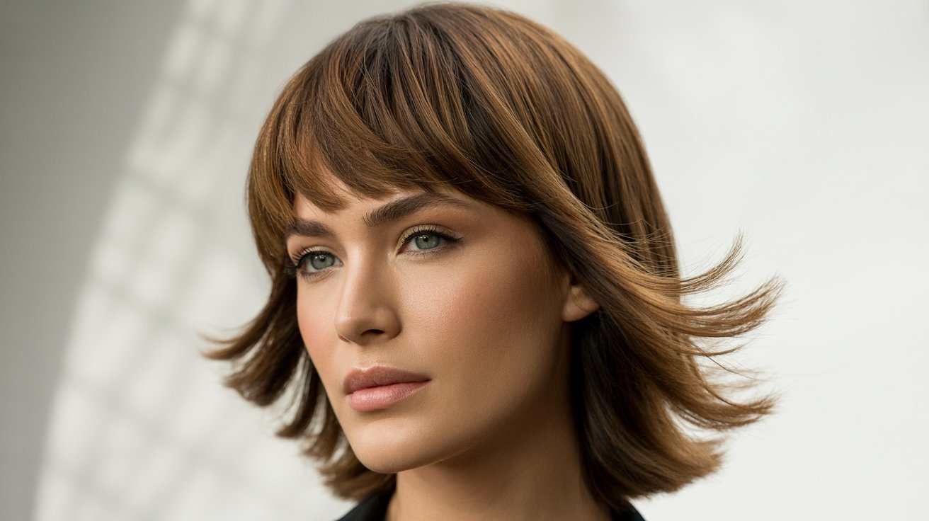 A woman with short brown hair and tapered bangs, wearing a black jacket, poses confidently for the camera.
